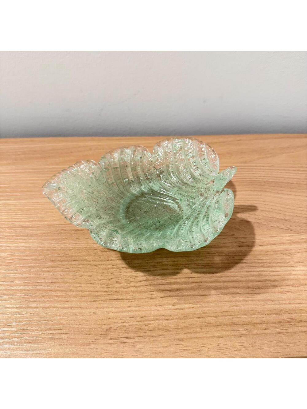 Vintage Fratelli Toso Murano Sugared Green Leaf Glass Bowl with Scalloped Edge